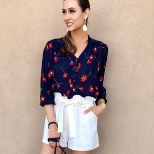 NWOT Small Parker Navy Aquarius Poppies Silk Blend Blouse ($218)